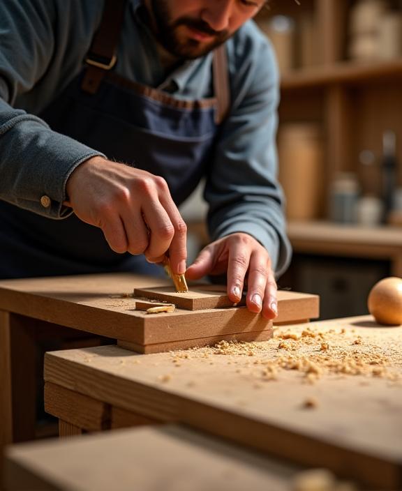 Un artesano de NovaKocina trabajando con precisión en un mueble de madera en el taller de Barcelona.