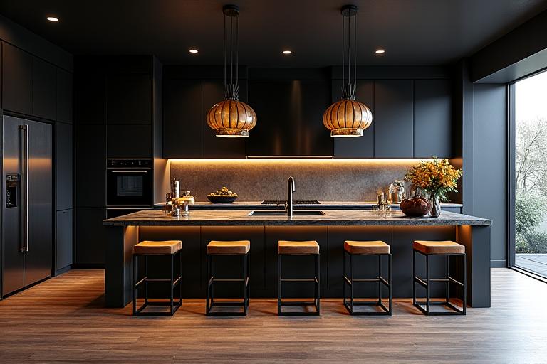 Cocina elegante con una gran isla central en tonos oscuros y detalles en dorado.