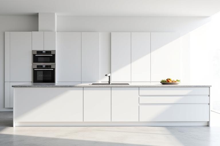 Cocina moderna con acabados en blanco lacado y encimera de cuarzo gris.
