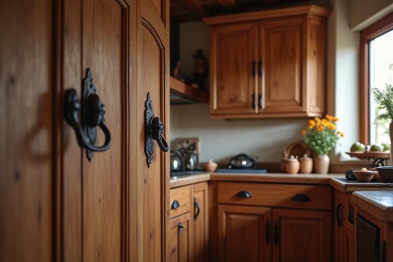 Cocina de estilo rústico con muebles de madera de roble y tiradores de hierro forjado.